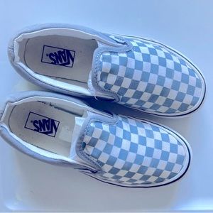 Vans checkered light blue and white check slip ons big girl size 3